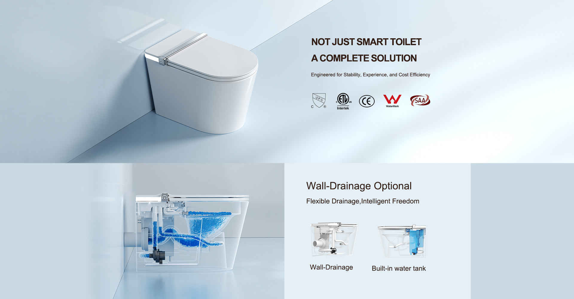 Smart toilet with a built-in water tank for wall-drain and floor-drain installation, with cUPC, ETL, CE, WaterMark and SAA certifications