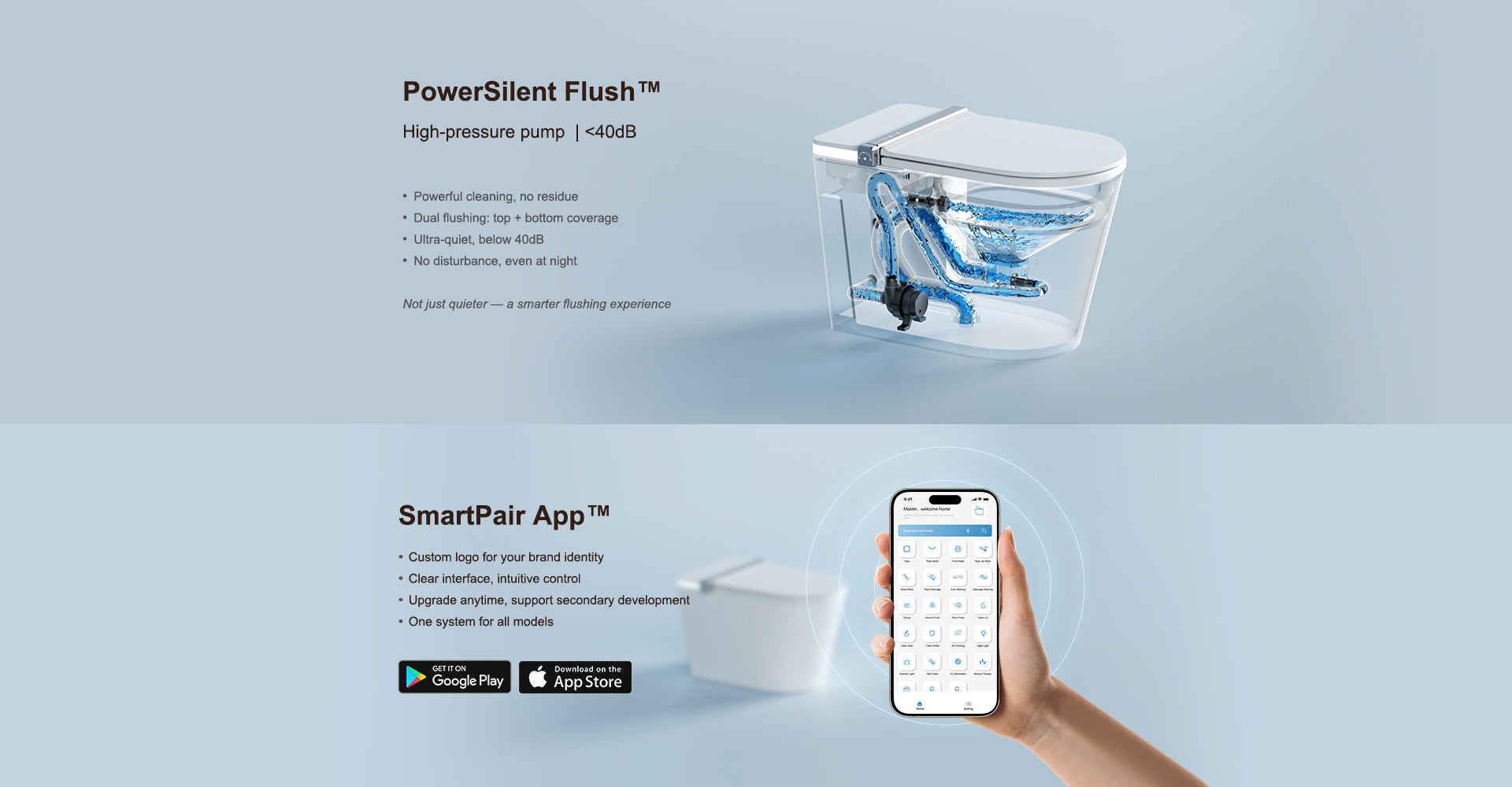 Smart toilet with a high-pressure pump flushing system operating below 40 dB and mobile app control
