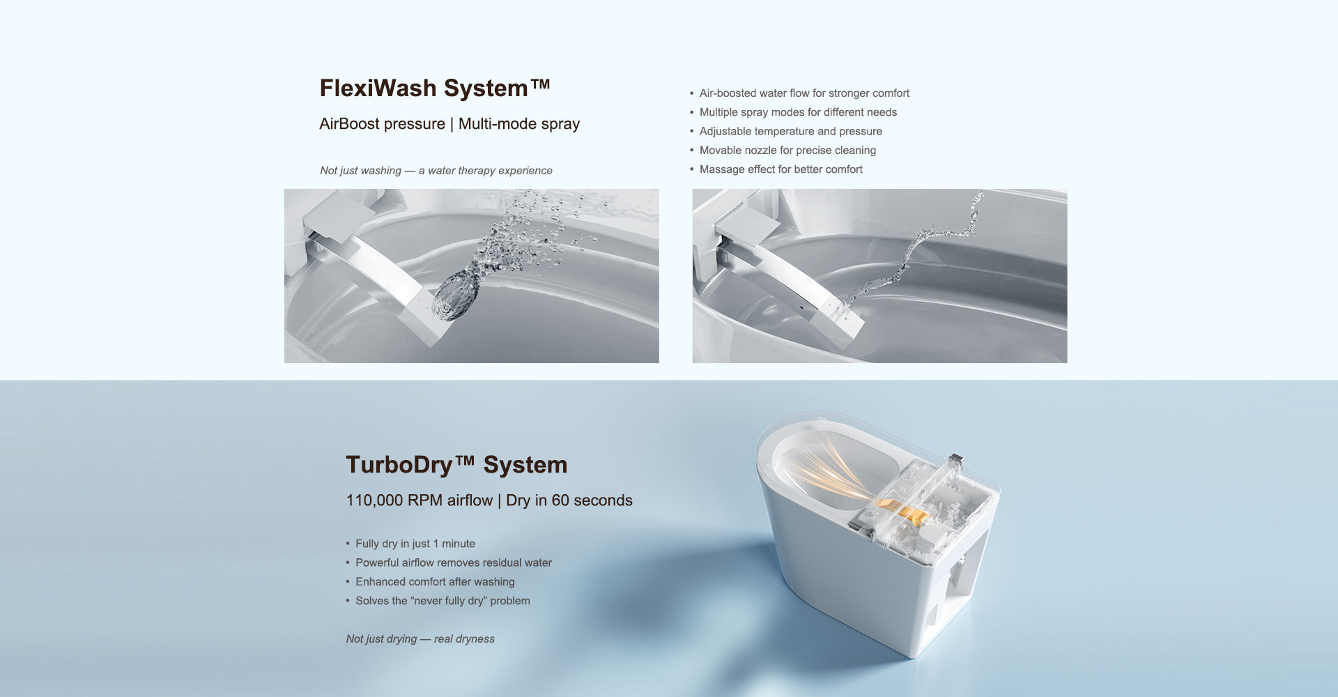 Smart toilet with an air-boosted multi-mode wash system and 110,000 RPM high-speed airflow drying in 60 seconds