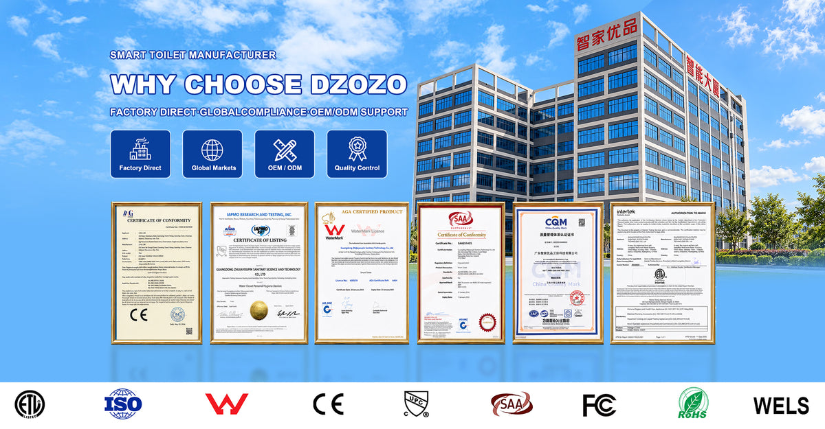 DZOZO smart toilet factory and global certification display featuring CE, cUPC, WaterMark, SAA, ETL and ISO 9001 documents