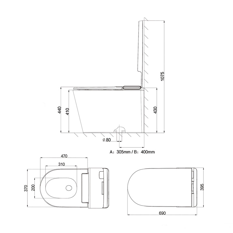 S040 smart toilet dimensional drawing, 690 × 395 × 440 mm