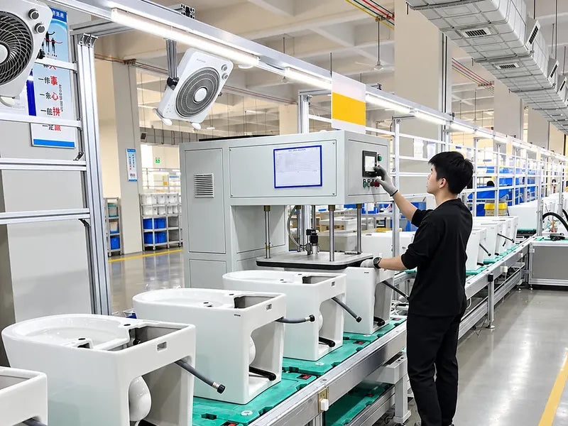 Smart toilet ceramic body undergoing surface and quality inspection