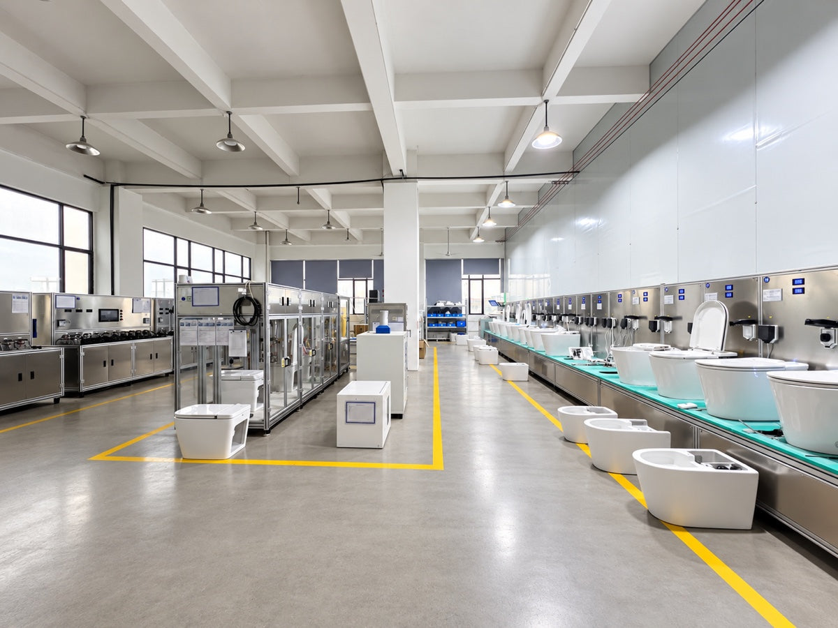 Smart toilets undergoing functional and safety testing at the DZOZO factory